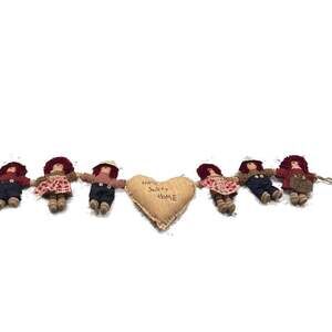 Vintage Primitive Rag Doll Garland Home Sweet Home Farmhouse Country Decor Jute